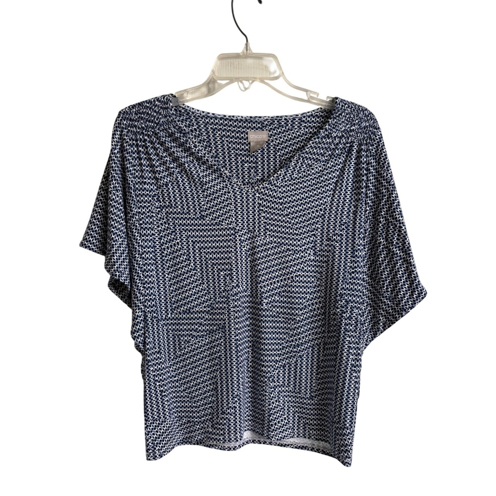Chicos Blue Geometric Tile Print‎ V-Neck Dolman Sleeve Blouse Top Size 0 Small